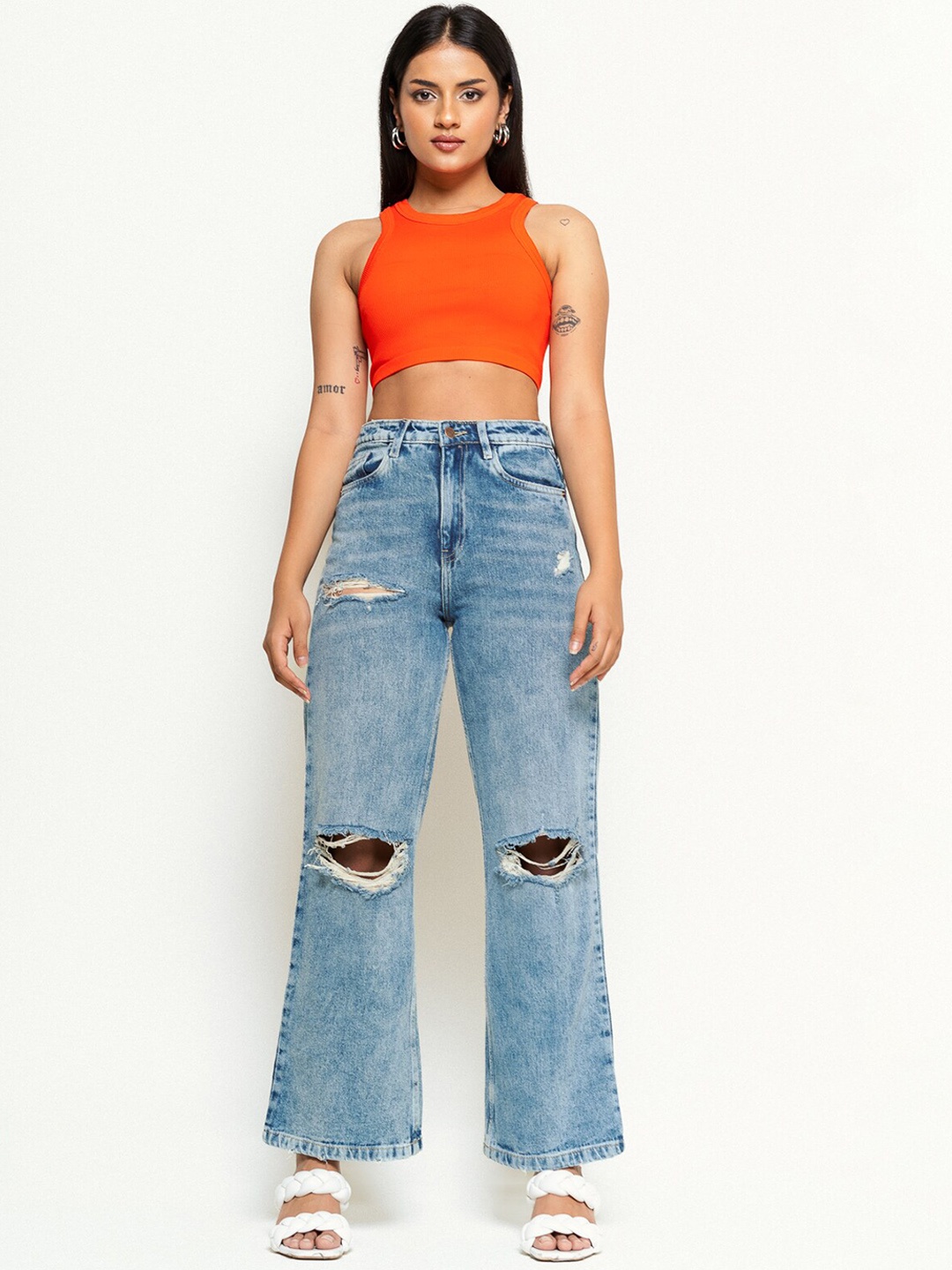 

FREAKINS Women Straight Fit High-Rise Slash Knee Heavy Fade Jeans, Blue