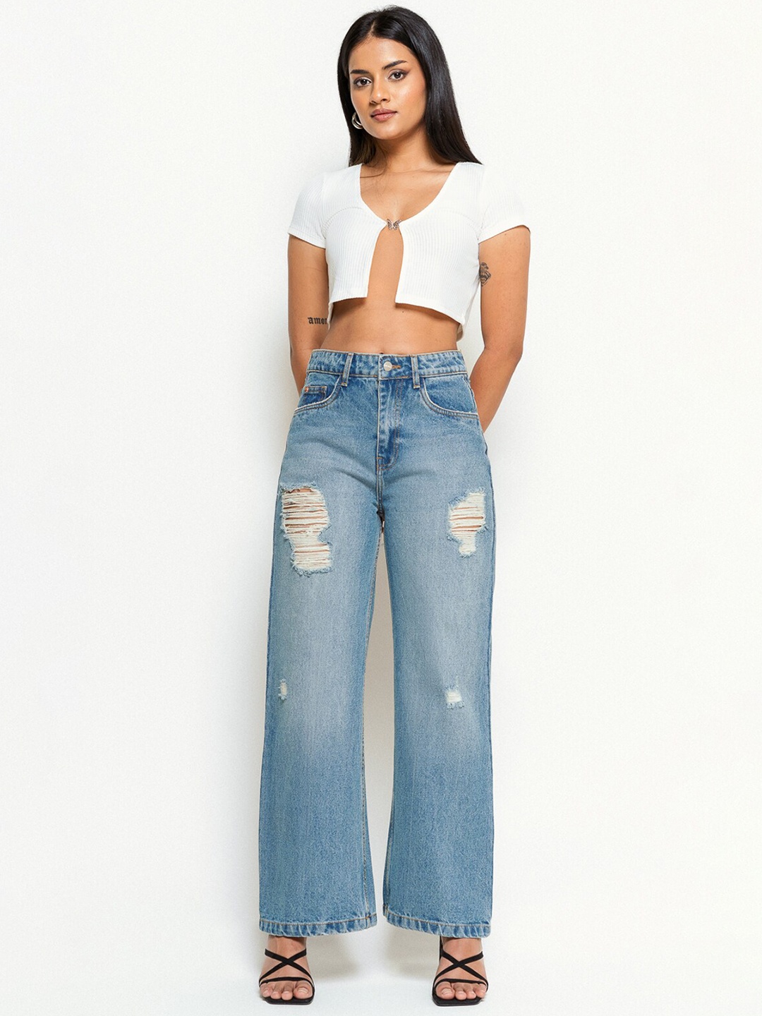 

FREAKINS Women Cotton Wide Leg High-Rise Mildly Distressed Jeans, Blue