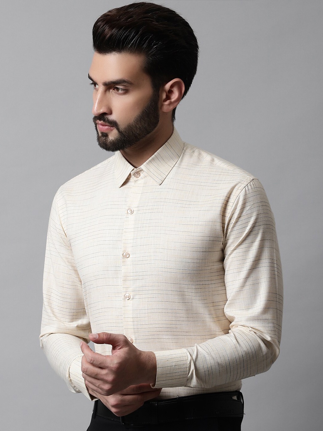 

JAINISH Men Classic Horizontal Stripes Pure Cotton Formal Shirt, Cream