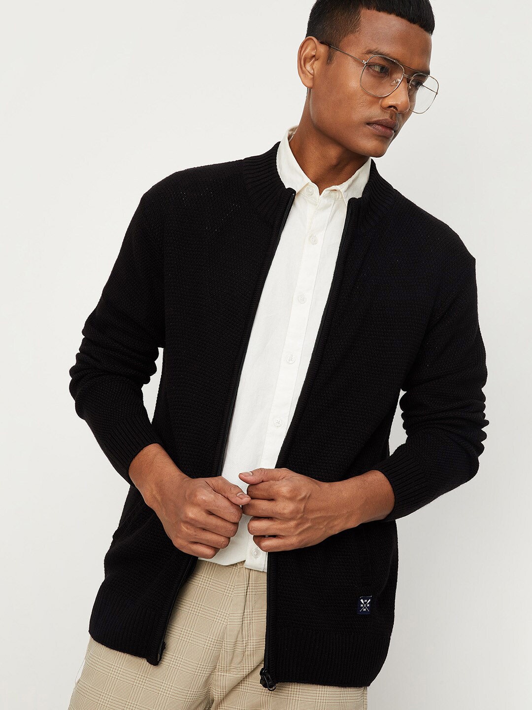 

max Men Front Open Acrylic Sweater, Black