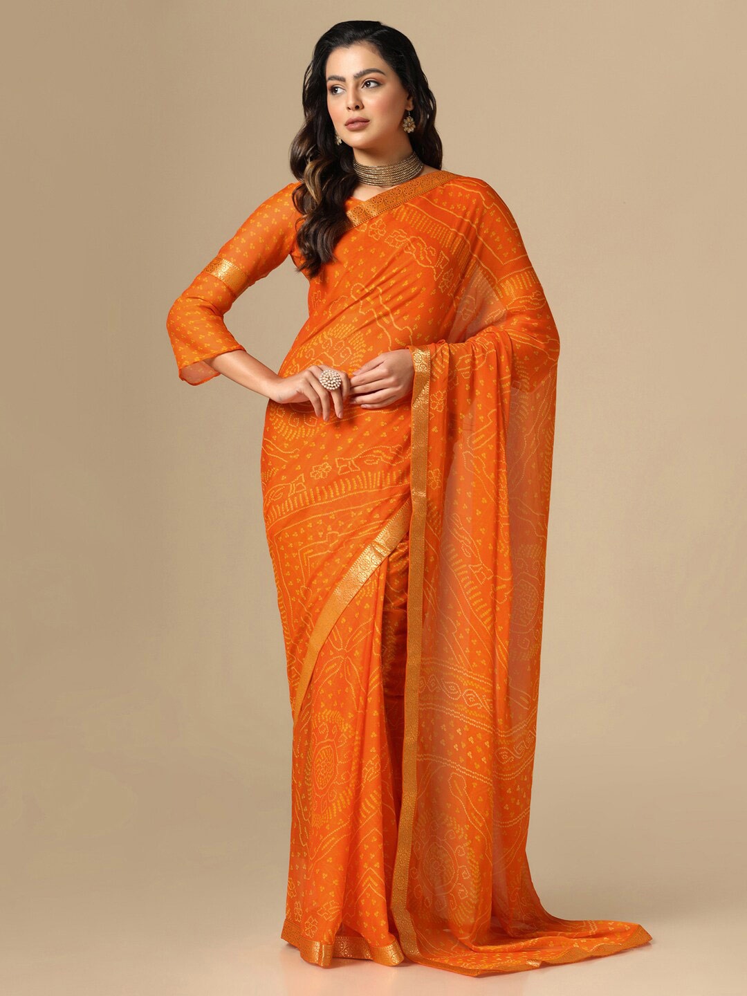 

Satrani Poly Chiffon Bandhani Printed Saree, Orange