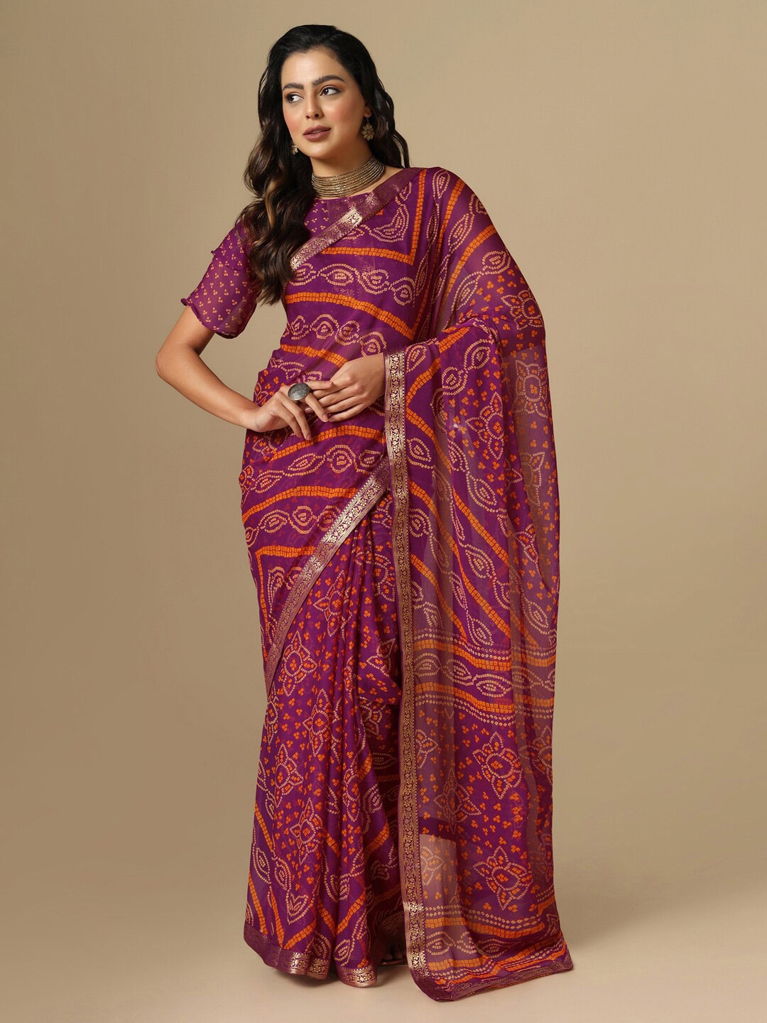 

Satrani Bandhani Zari Bandhani Saree, Purple