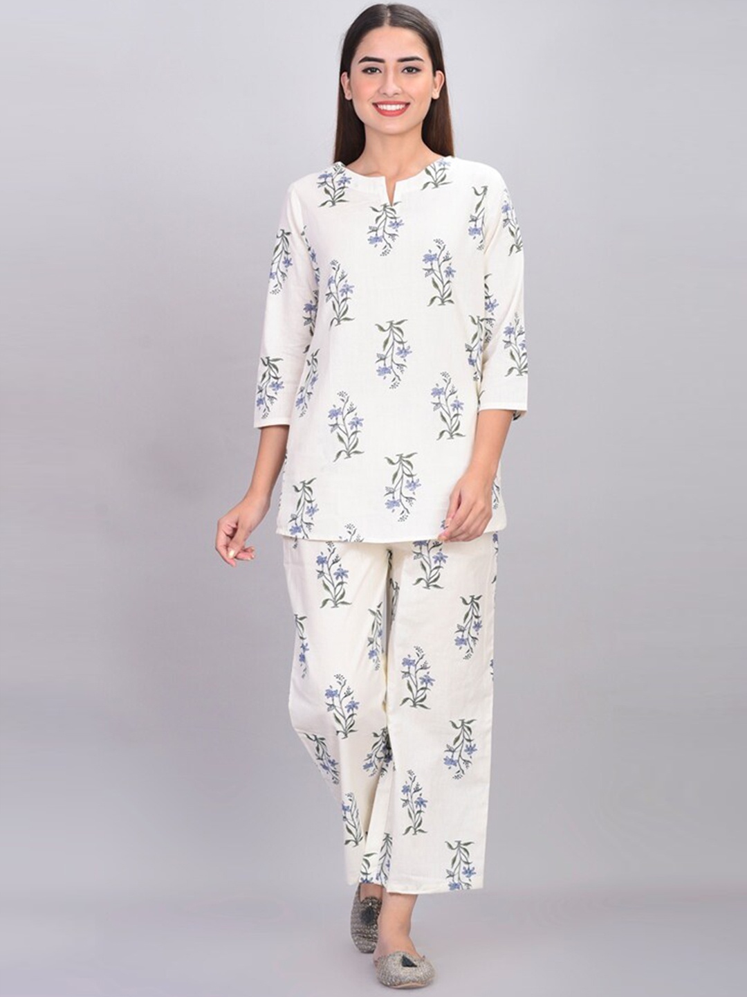 

Fabriko Women Printed Pure Cotton Night suit, Off white