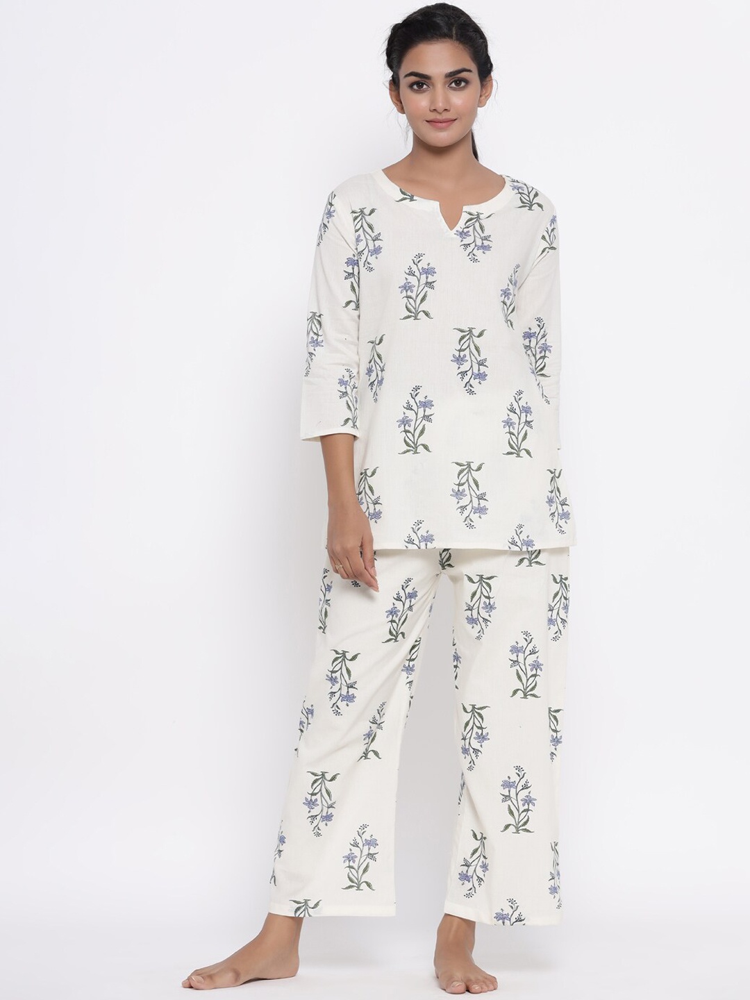 

Fabriko Women Printed Pure Cotton Night suit, Off white