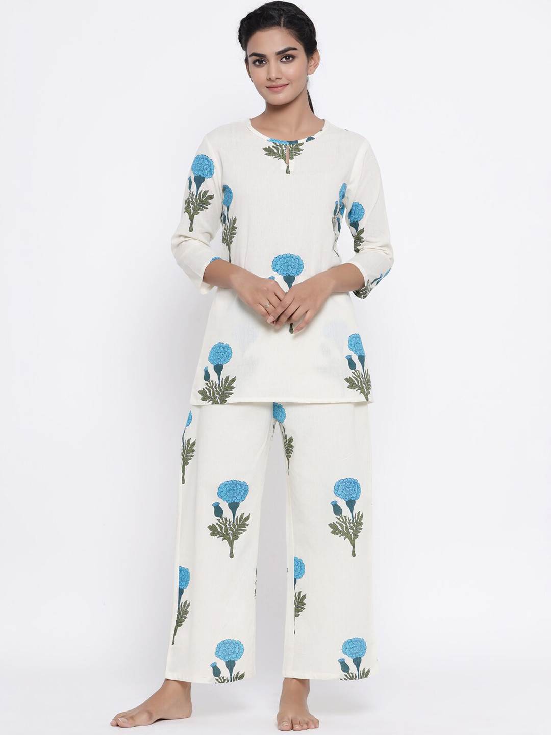 

Fabriko Women Printed Pure Cotton Night suit, Off white