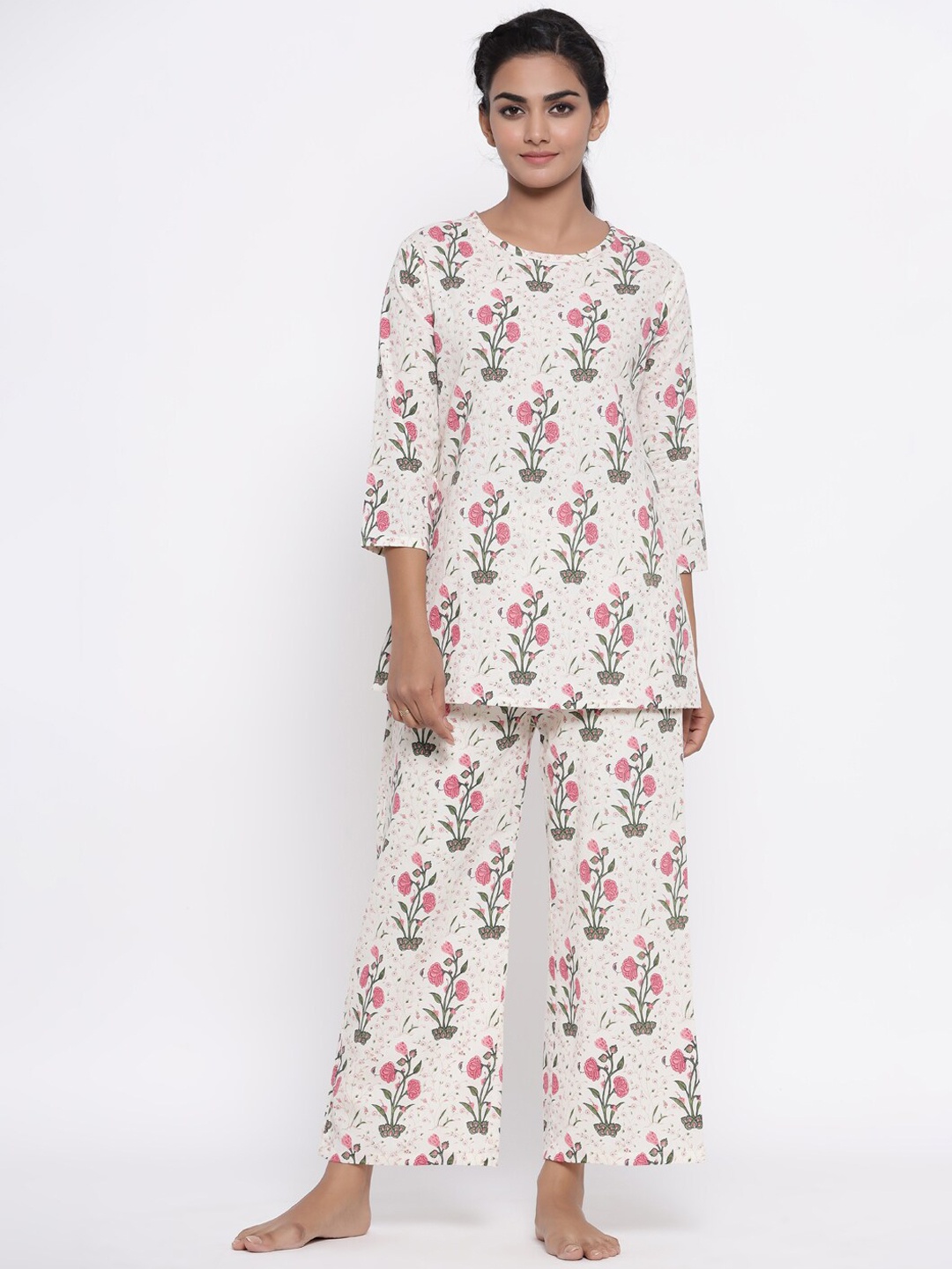 

Fabriko Women Printed Pure Cotton Night suit, Off white