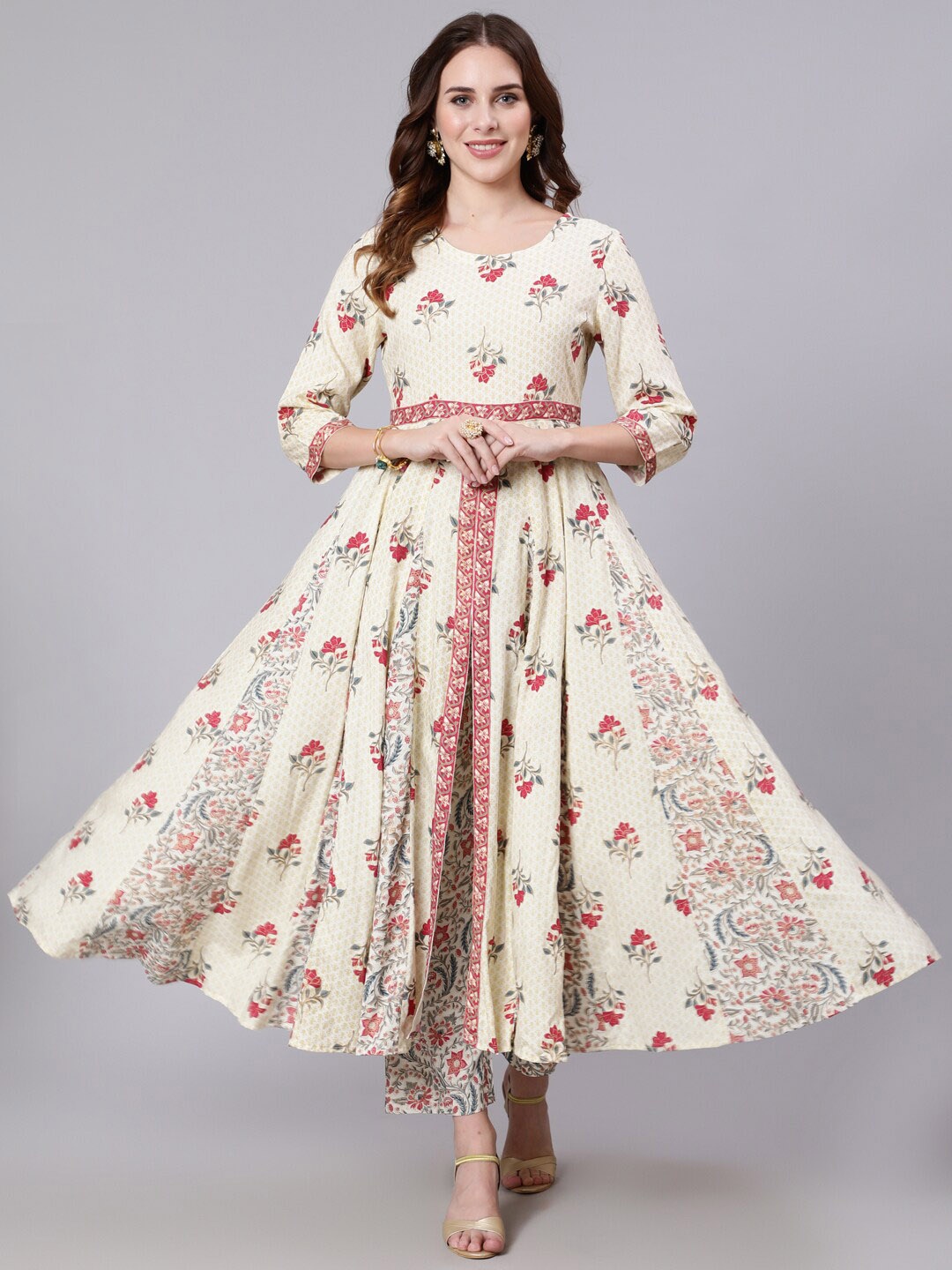 

GULMOHAR JAIPUR Women Printed Empire Pure Cotton Kurta with Trousers, Off white