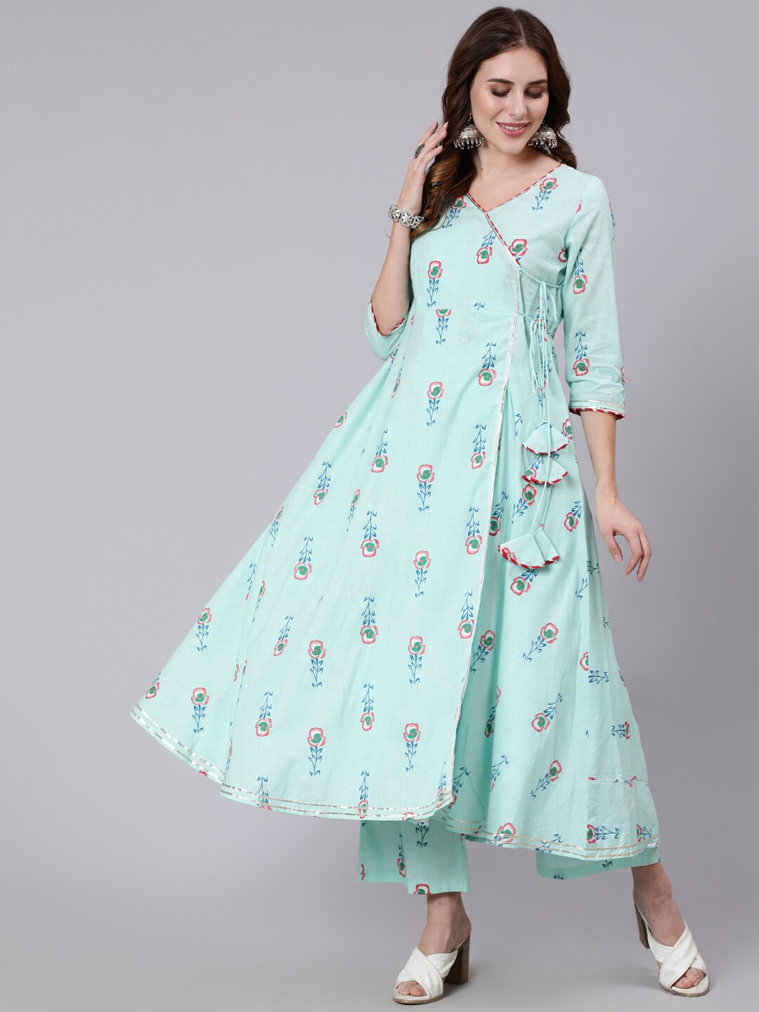 

GULMOHAR JAIPUR Women Sea Green Floral Printed Angrakha Pure Cotton Kurta with Palazzos