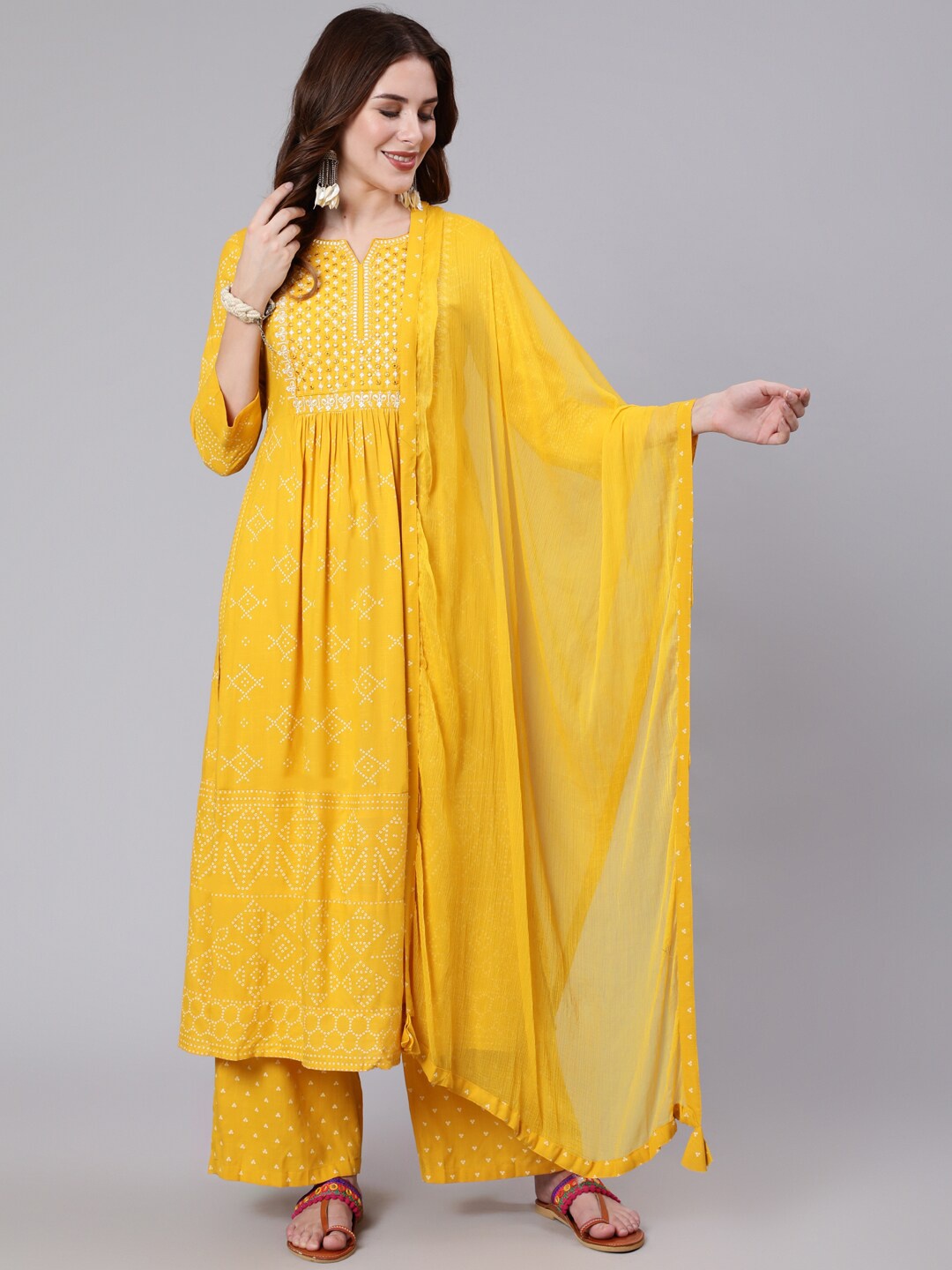 

GULMOHAR JAIPUR Women Bandhani Printed Notch Neck Empire Kurta with Palazzos & Dupatta, Mustard