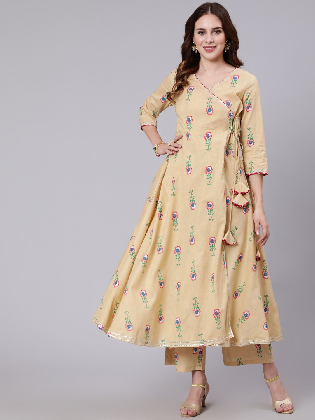 

GULMOHAR JAIPUR Women Printed Angrakha Pure Cotton Kurta with Palazzos, Beige