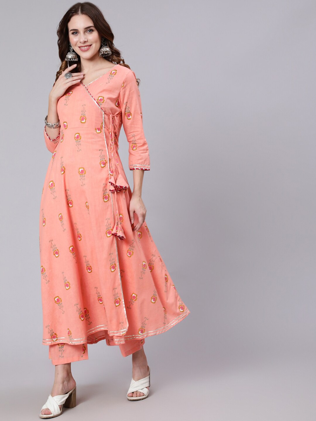 

GULMOHAR JAIPUR Women Printed Angrakha Pure Cotton Kurta with Trousers, Peach
