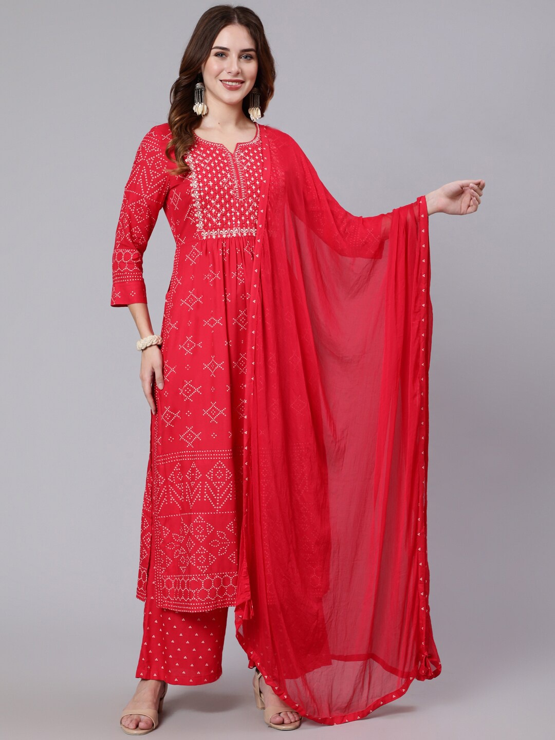 

GULMOHAR JAIPUR Women Coral Ethnic Motifs Printed Kurta with Palazzos & With Dupatta