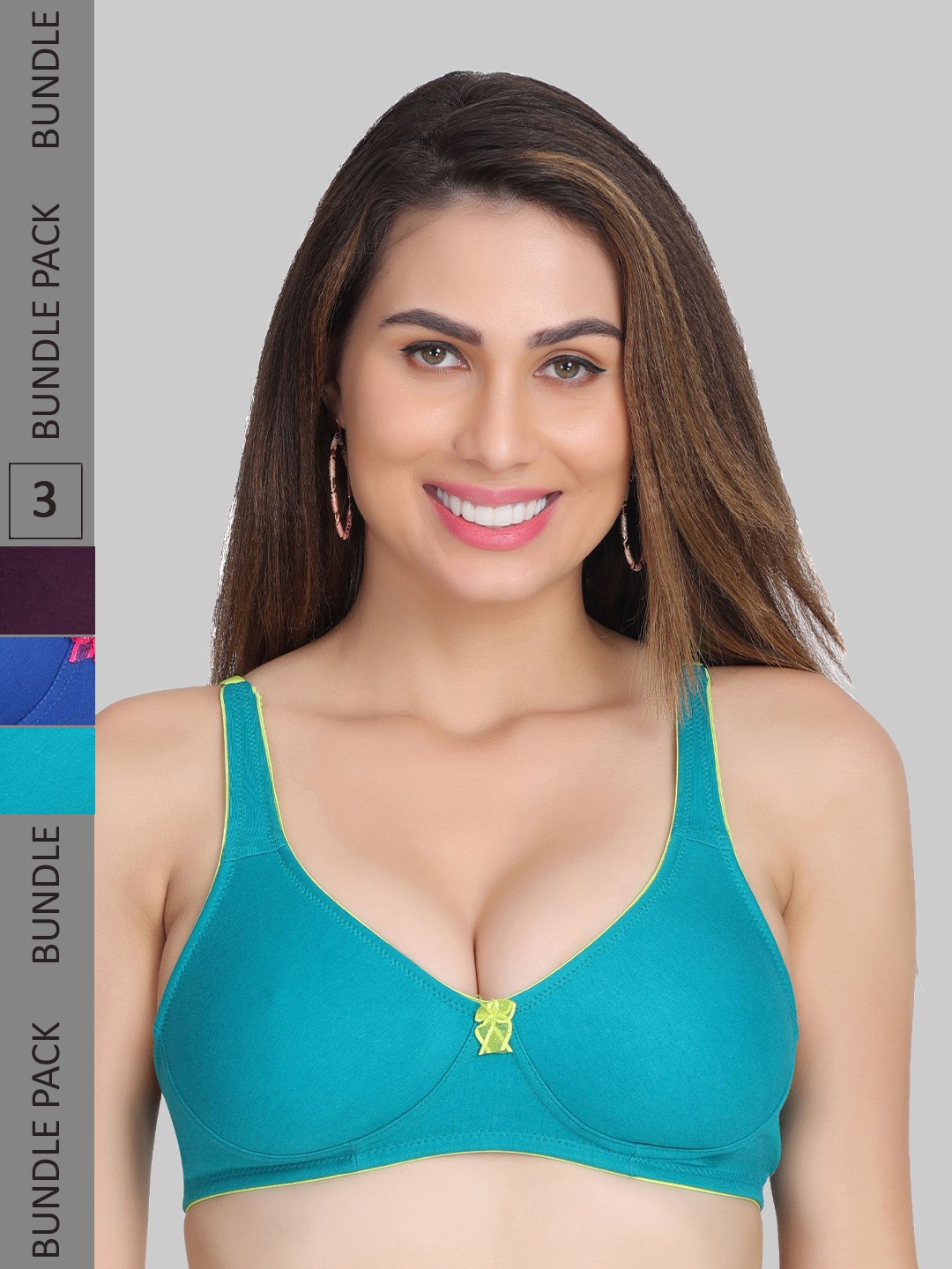 

Innocence Set of 3 Everyday Non Padded Cotton Bra, Turquoise blue