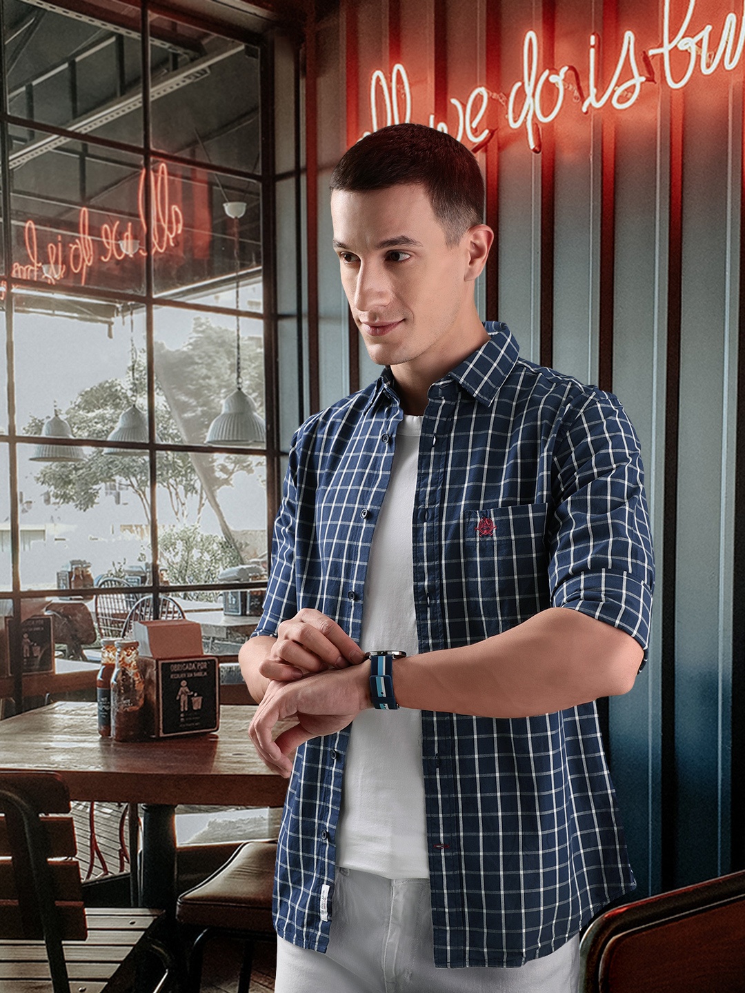 

U S Polo Assn Grid Tattersall Checked Pure Cotton Casual Shirt, Navy blue