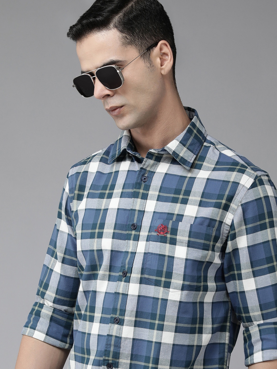 

U S Polo Assn Tartan Checked Pure Cotton Tailored Fit Shirt, Navy blue