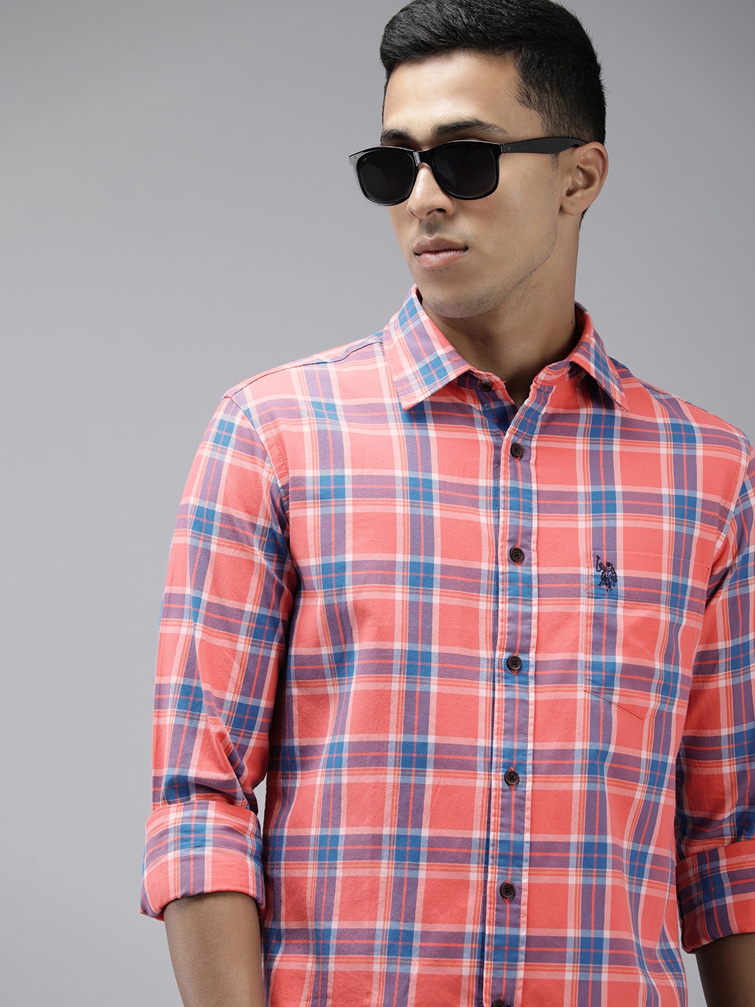 

U S Polo Assn Tartan Checked Pure Cotton Casual Shirt, Coral