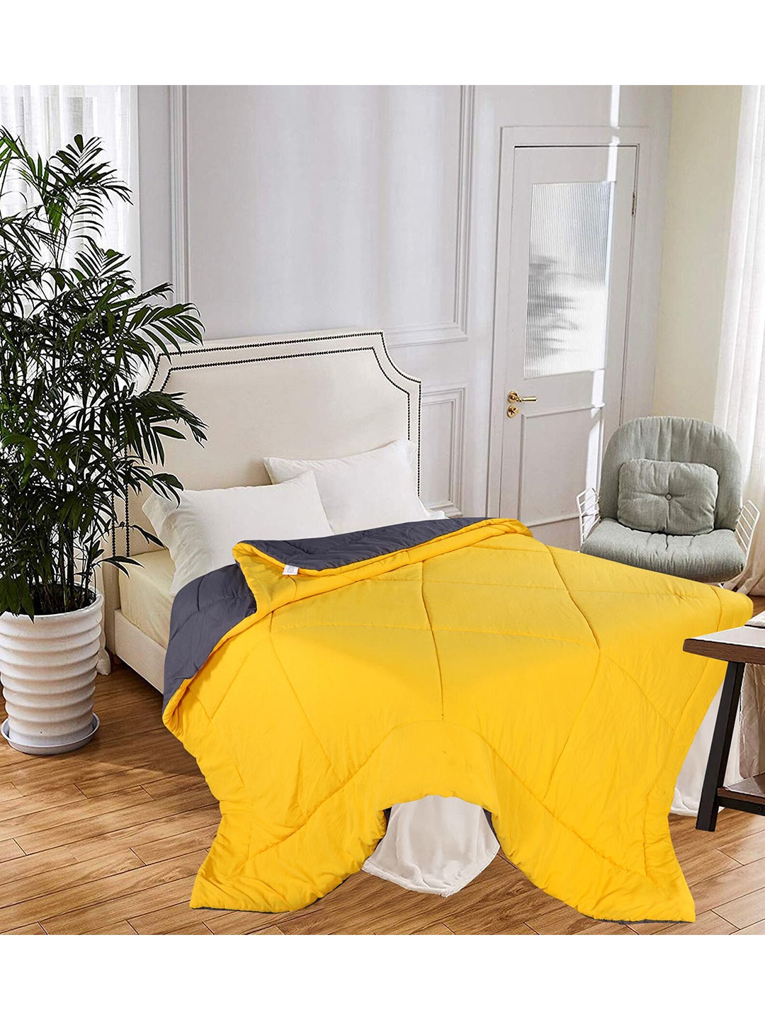 

THE little BIG STORE Yellow & Grey Microfiber Reversible Heavy Winter Double Bed Comforter