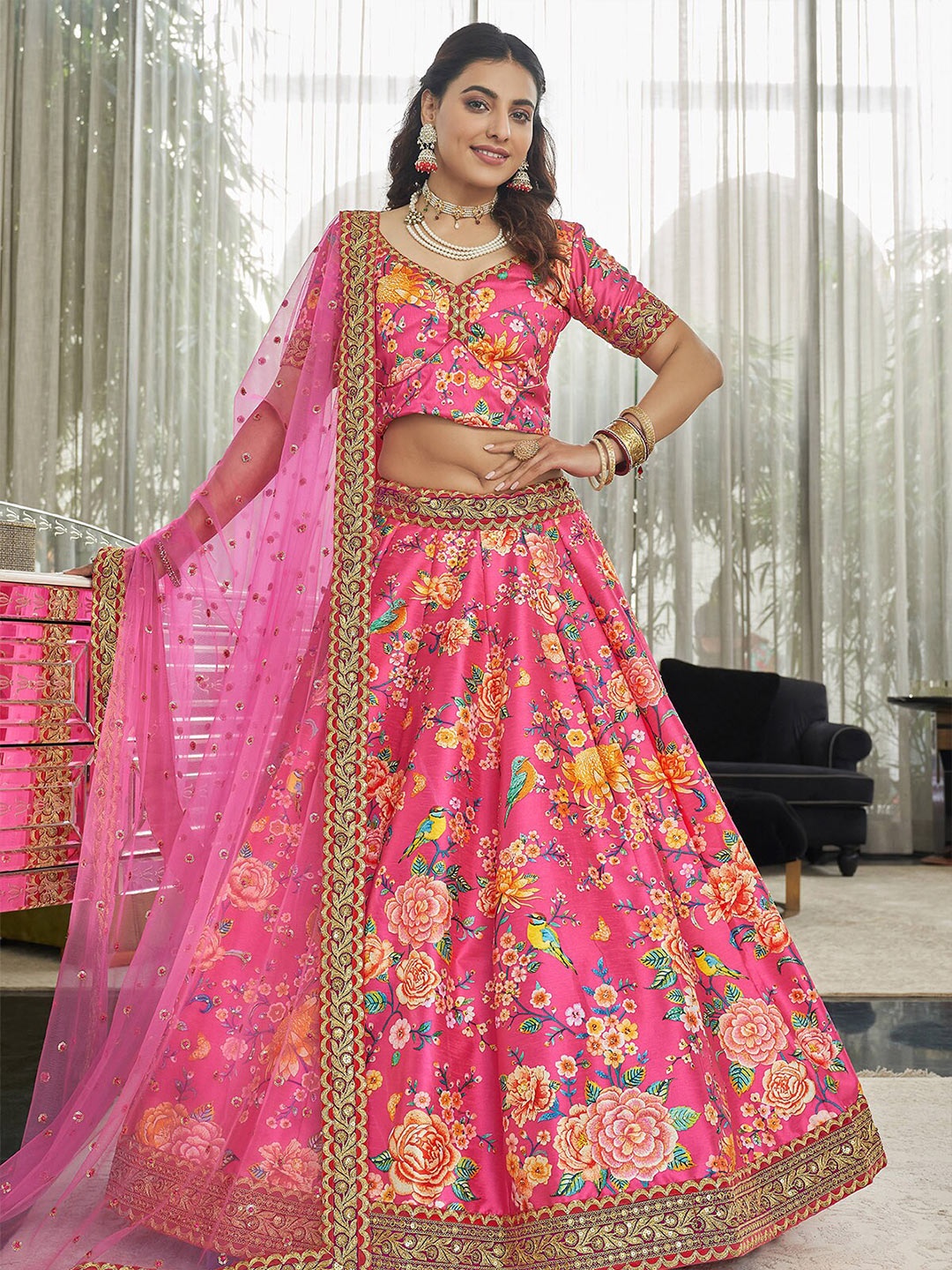 

ODETTE Printed Semi-Stitched Lehenga & Unstitched Blouse With Dupatta, Pink