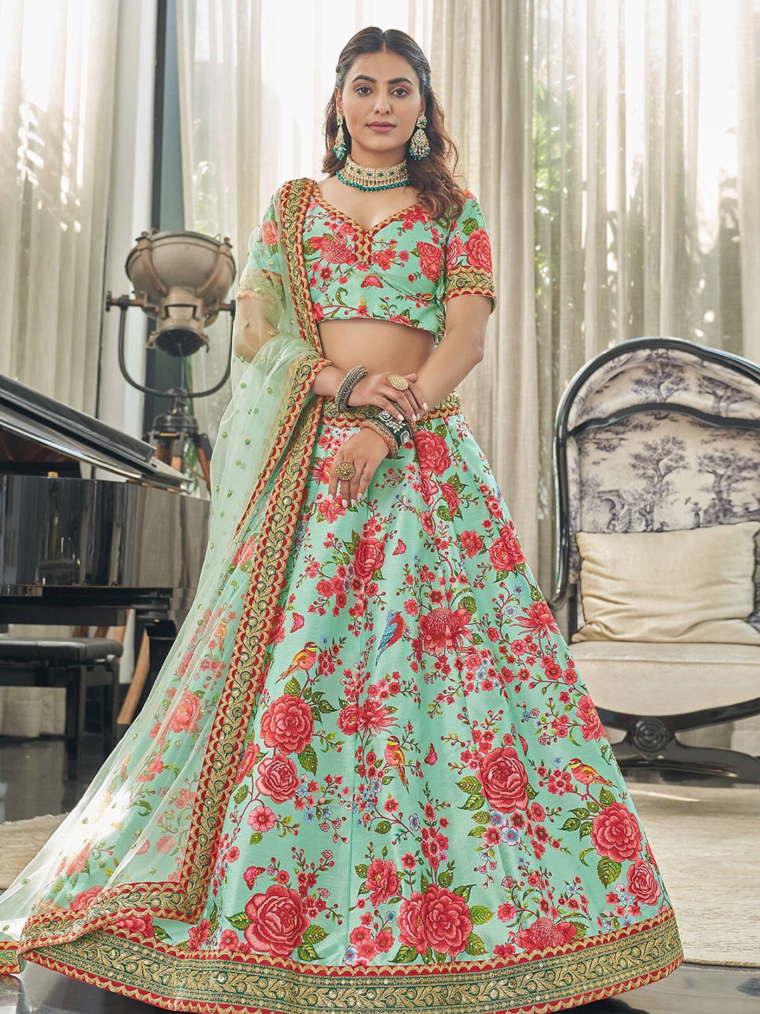 

ODETTE Printed Semi-Stitched Lehenga & Unstitched Blouse With Dupatta, Green