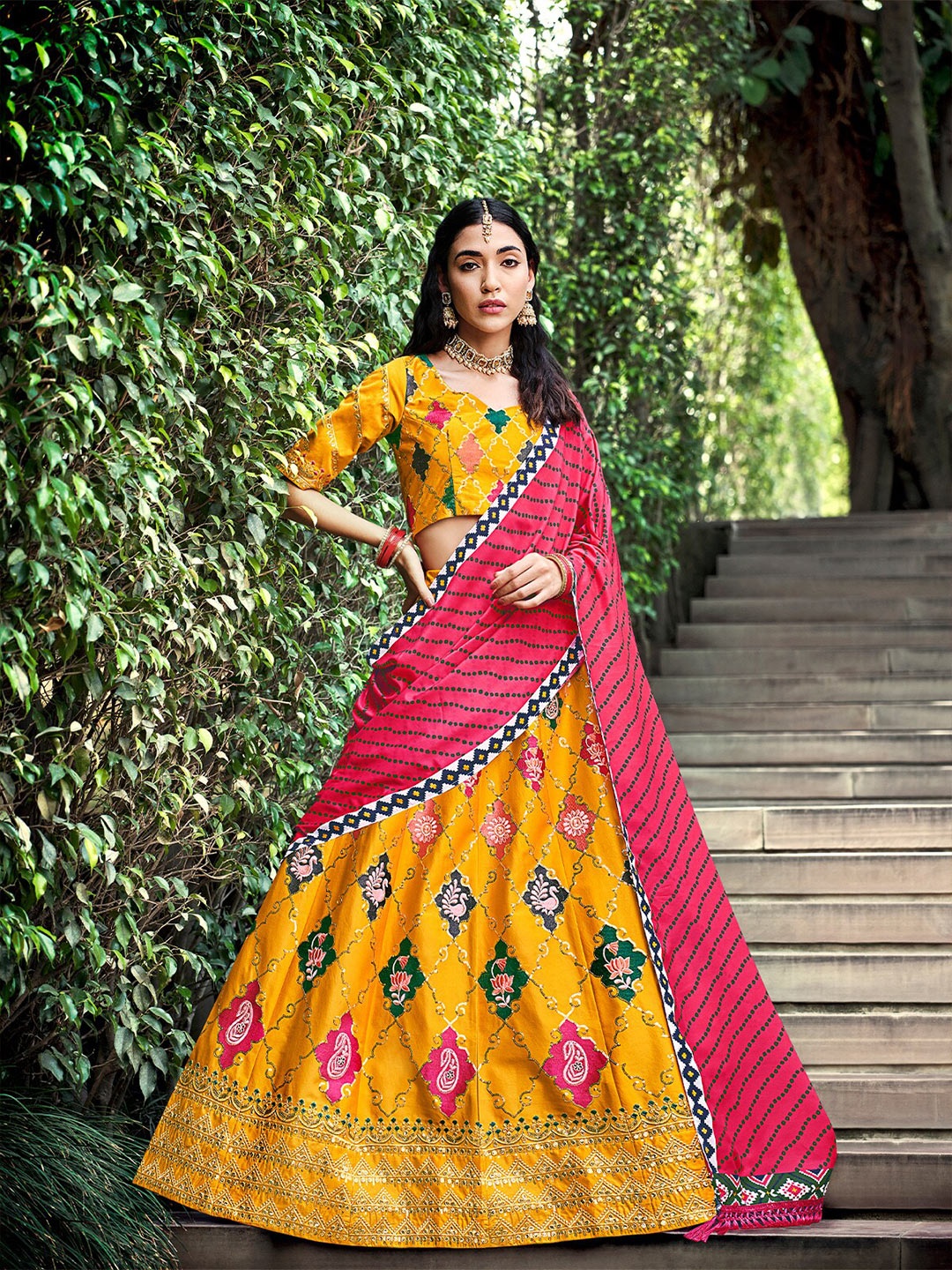 

ODETTE Embroidered Semi-Stitched Lehenga & Unstitched Blouse With Dupatta, Yellow