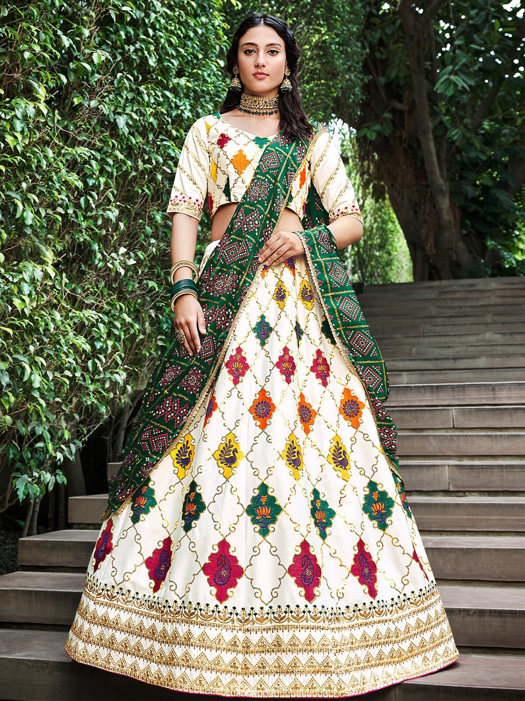 

ODETTE White & Yellow Embroidered Semi-Stitched Lehenga & Blouse With Dupatta