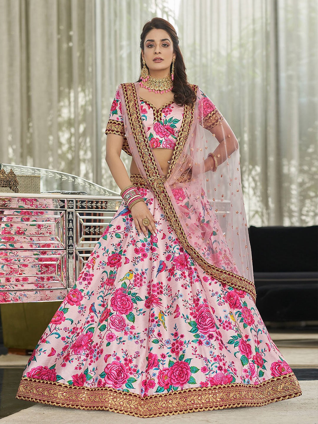 

ODETTE Pink & Green Printed Semi-Stitched Lehenga Choli