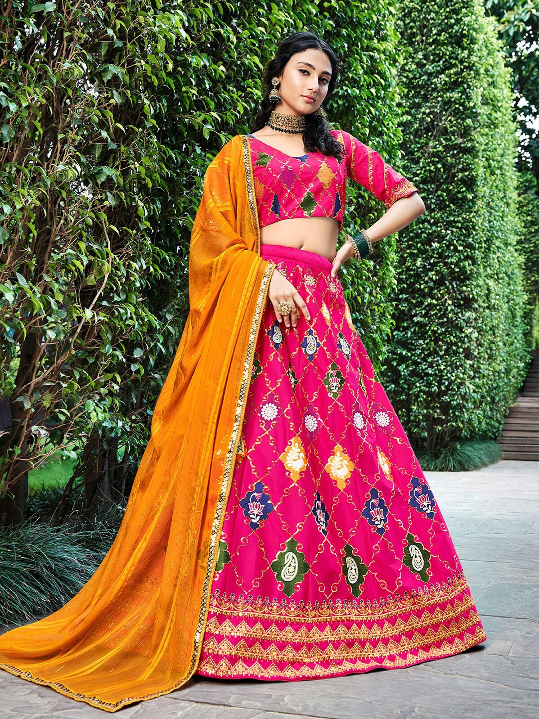 

ODETTE Magenta & Blue Embroidered Semi-Stitched Lehenga Choli