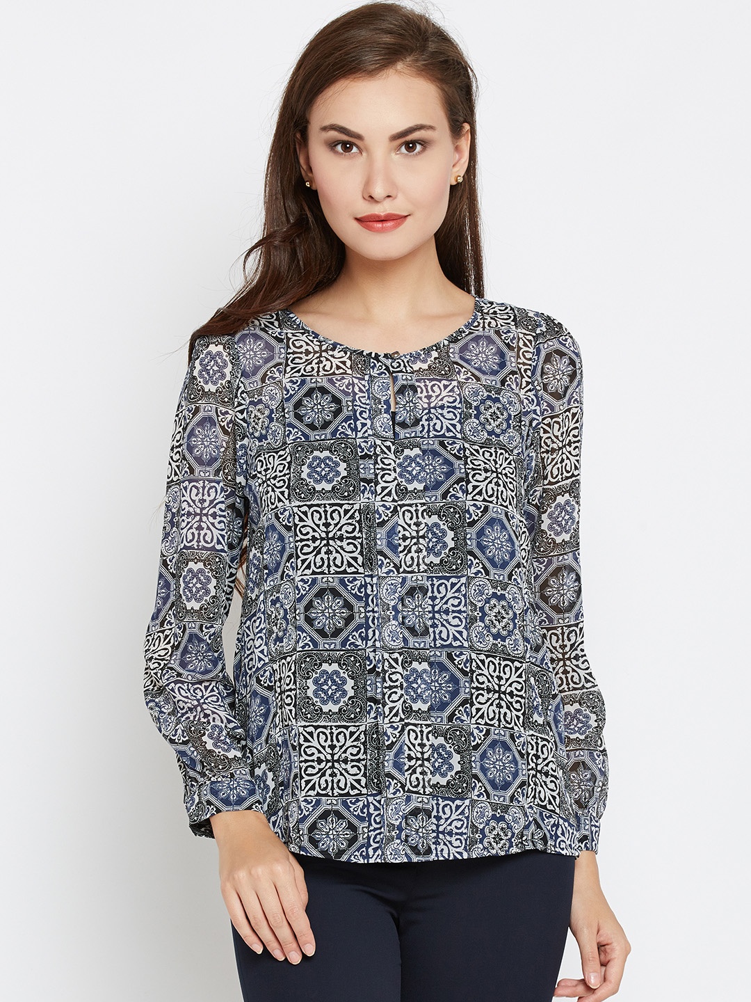 

Wills Lifestyle Women Navy Blue Printed Top