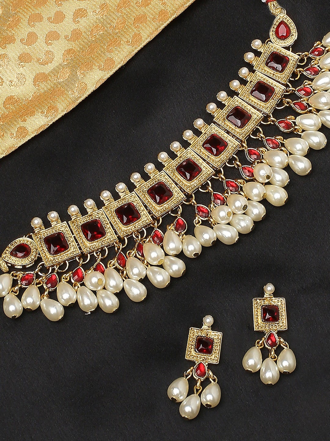 

OOMPH Kundan Stones & Pearls Ethnic Choker Necklace Set with Drop Earrings, Maroon