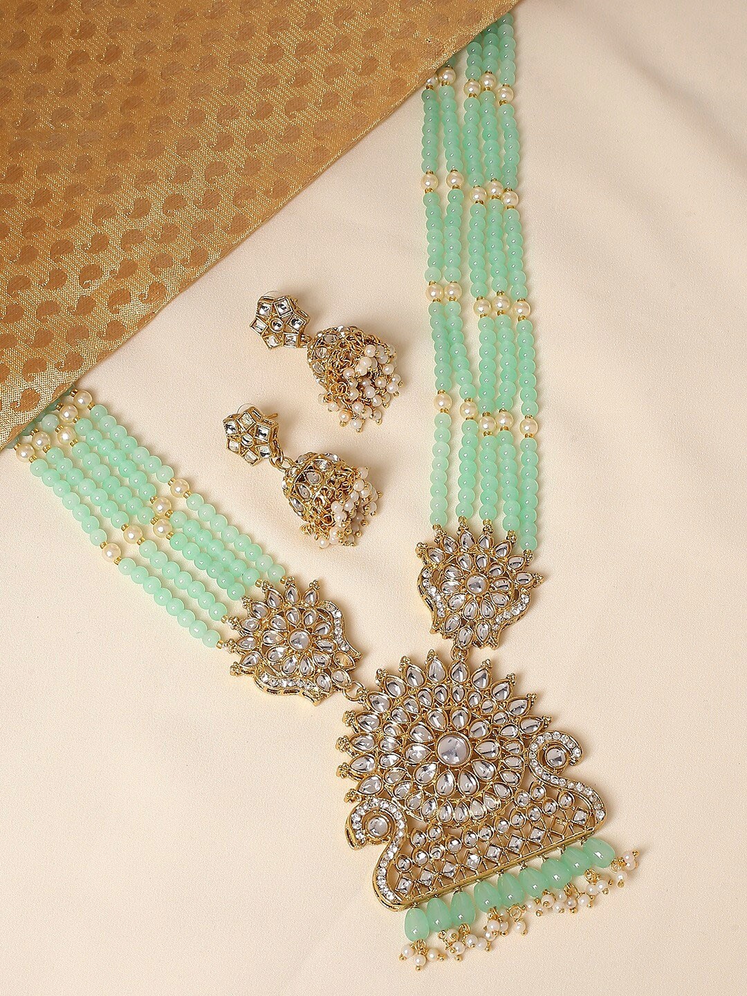 

OOMPH Gold Plated Beads & Kundan Studded Rani Haar Long Mala Jewellery Set, Green