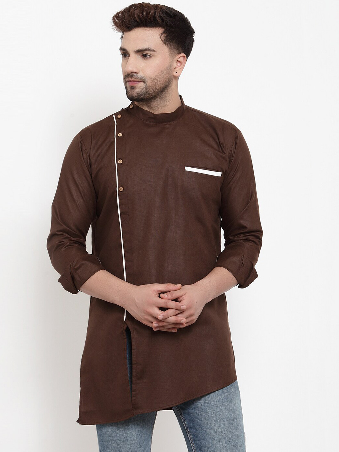 

Benstoke Men Regular Sleeves Thread Work Kurta, Brown