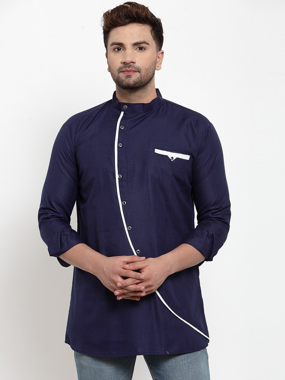 

Benstoke Men Mandarin Collar Cotton Kurta, Navy blue