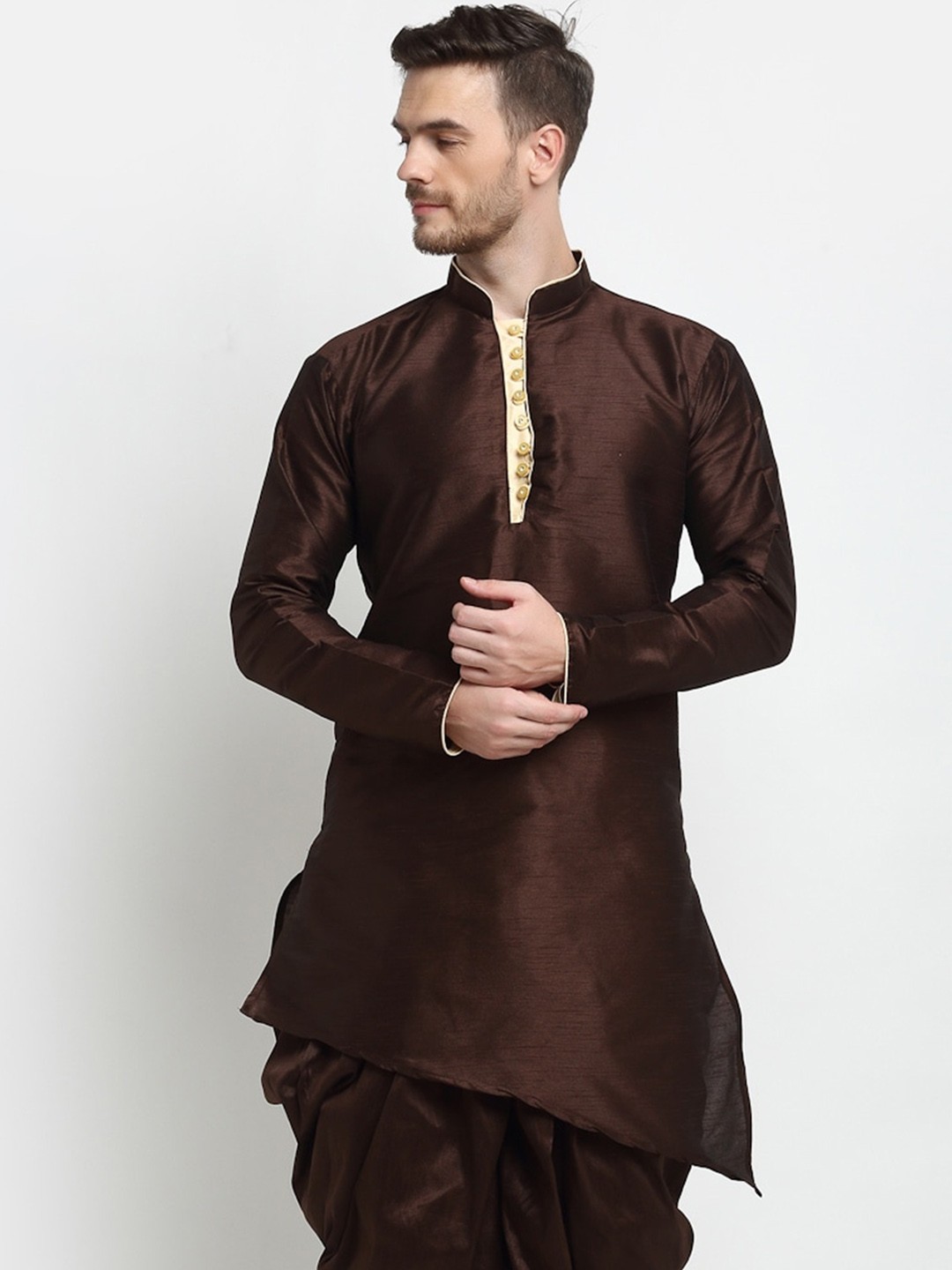 

Benstoke Asymmetrical Mandarin Collar A-Line Regular Fit Silk Short Kurta, Brown