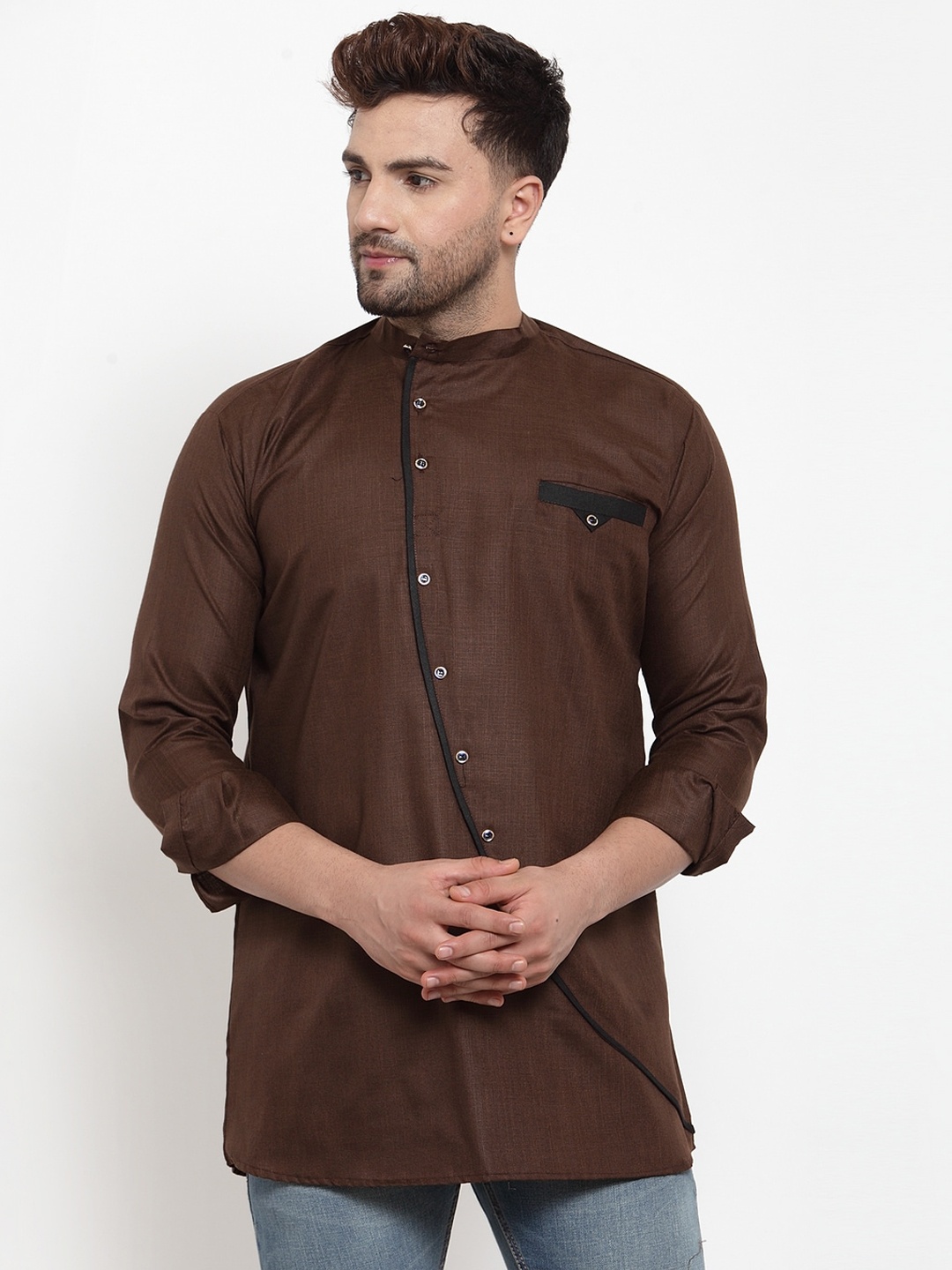 

Benstoke Men Mandarin Collar Angrakha Straight Short Kurta, Brown