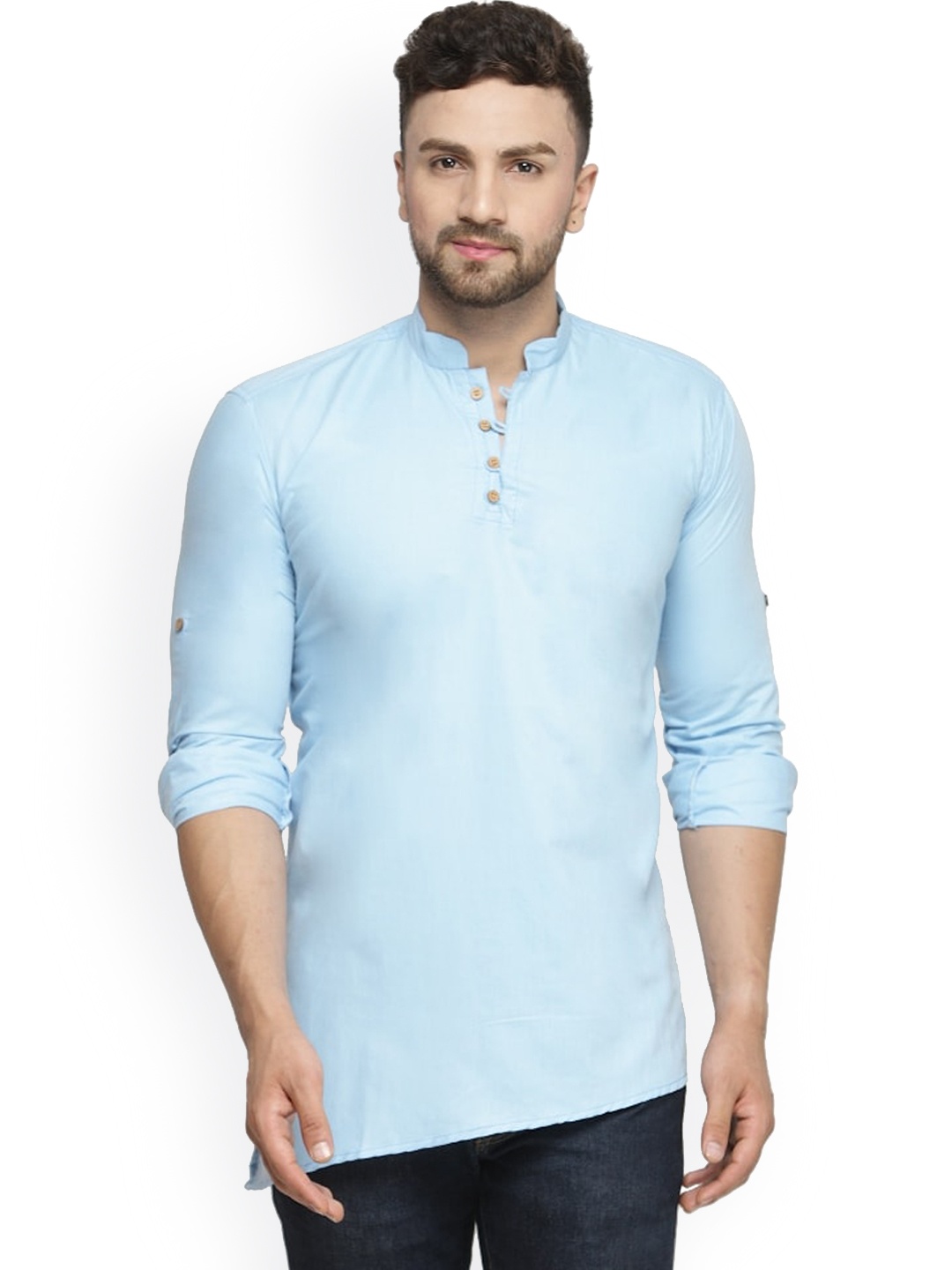 

Benstoke Men Asymmetrical Short Kurta, Turquoise blue
