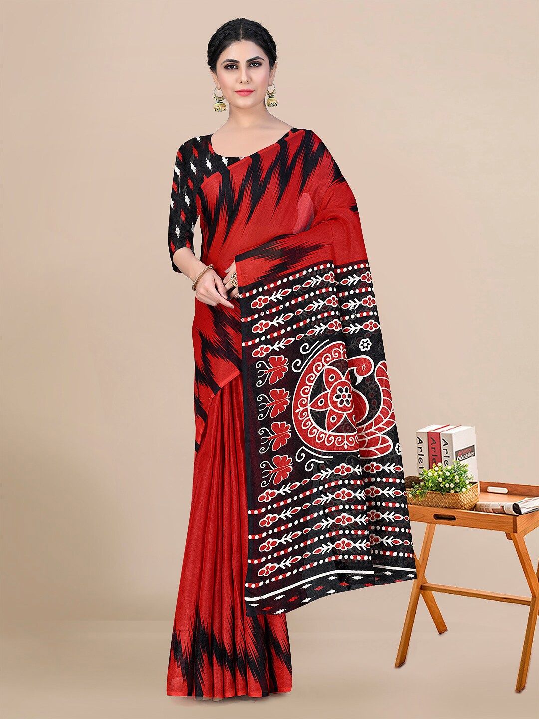 

KALINI Ethnic Motifs Pure Cotton Saree, Red