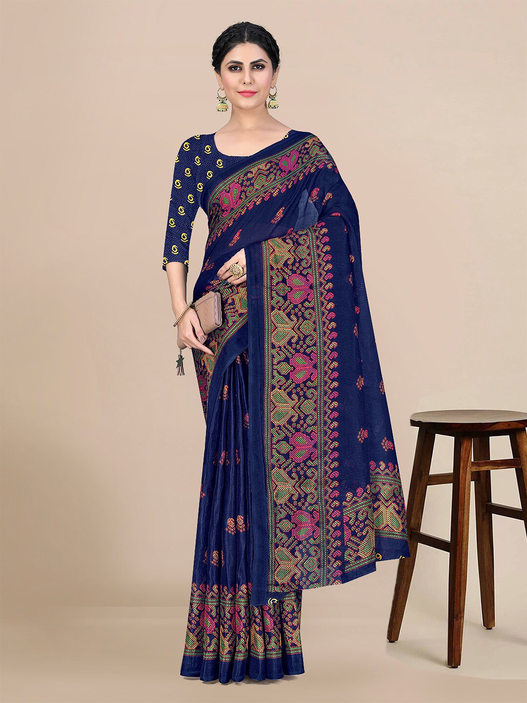 

KALINI Floral Pure Cotton Saree, Navy blue