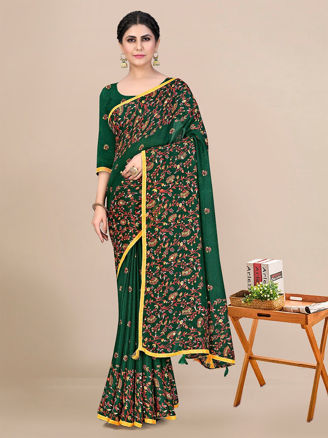 

KALINI Floral Pure Cotton Saree, Green