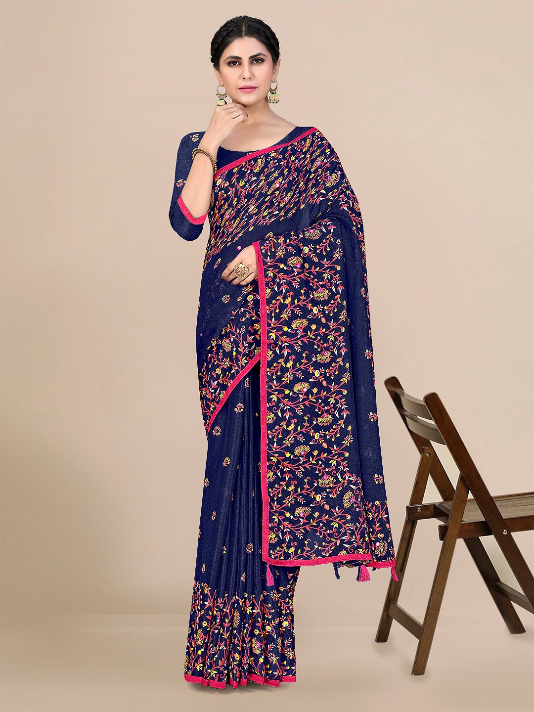 

KALINI Floral Pure Cotton Saree, Navy blue