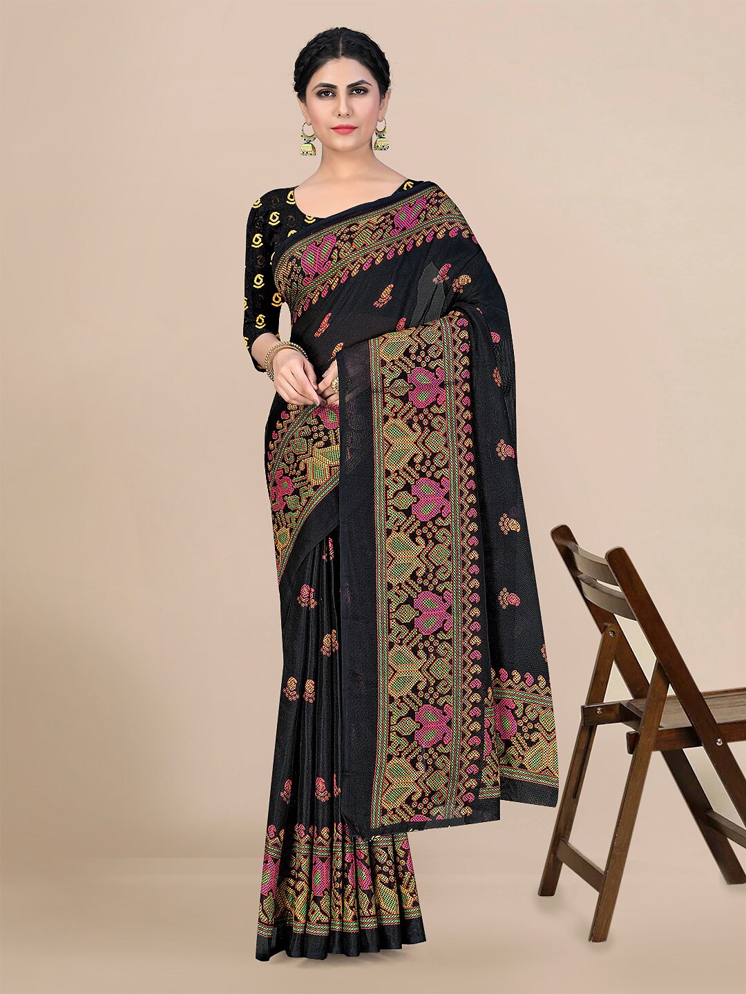 

KALINI Floral Pure Cotton Saree, Black