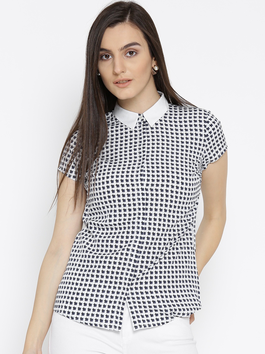 

Wills Lifestyle Women White & Blue Printed Formal Shirt