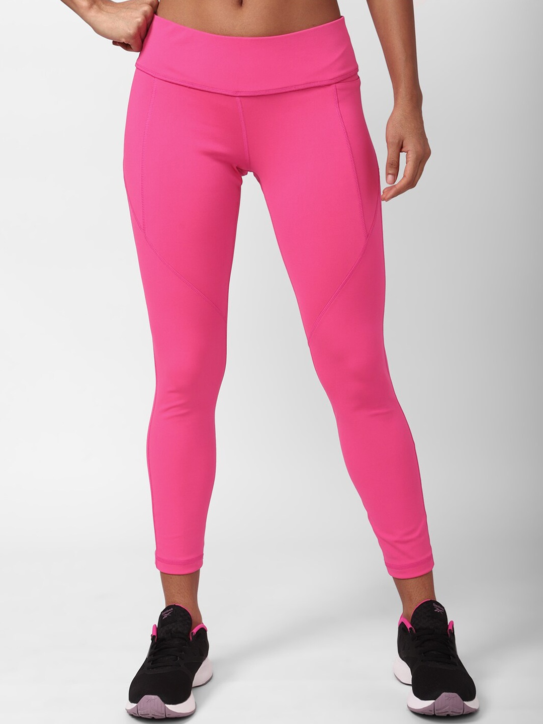 

Reebok Women Waistband Logo Printed Ankle Length Training Tights, Pink