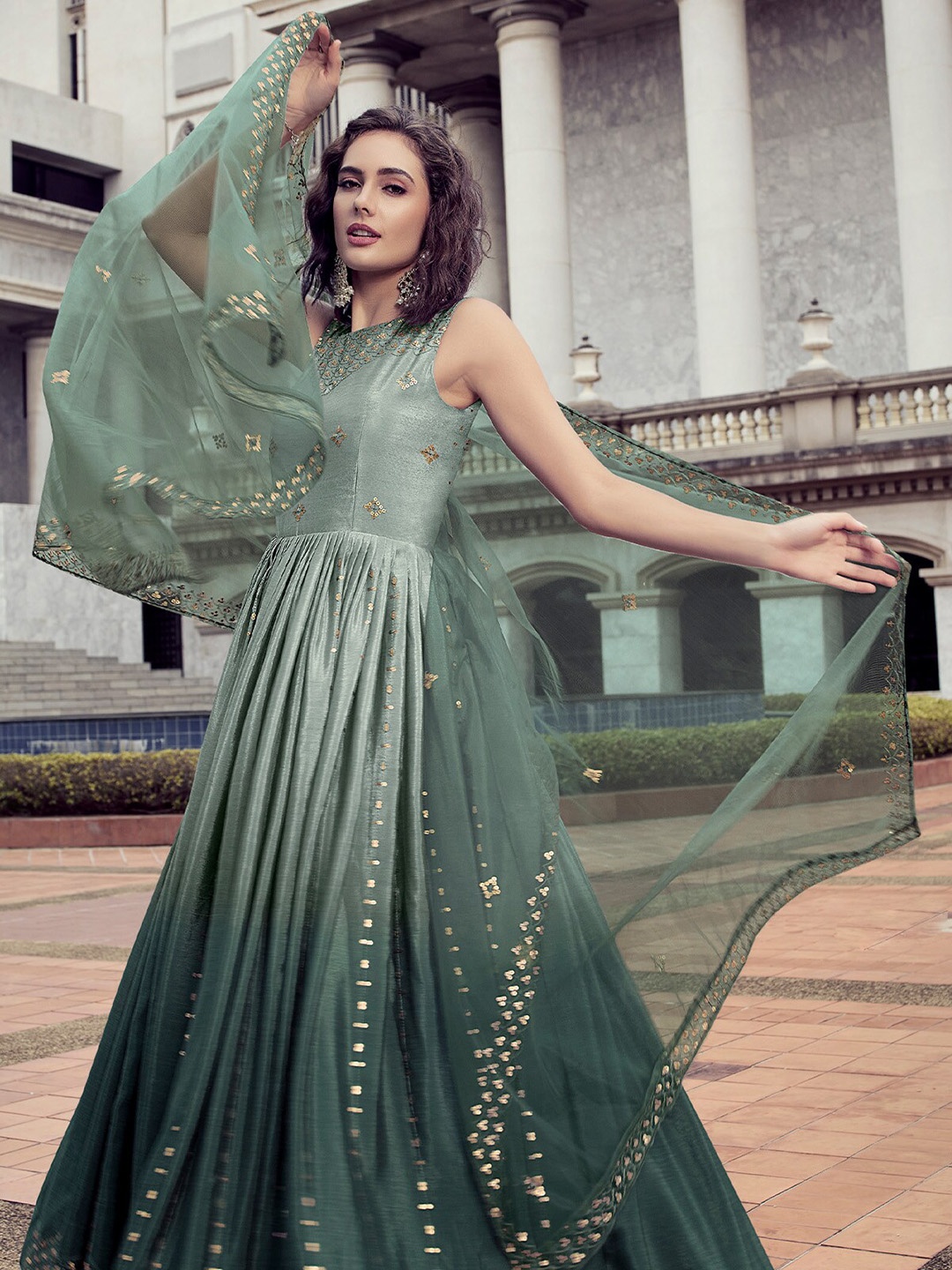 

ODETTE Women Geometric Printed Anarkali Semi Stitched Kurta, Green