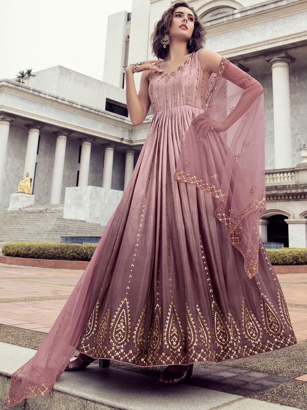

ODETTE Geometric Embellished Anarkali Semi Stitched Kurta, Mauve