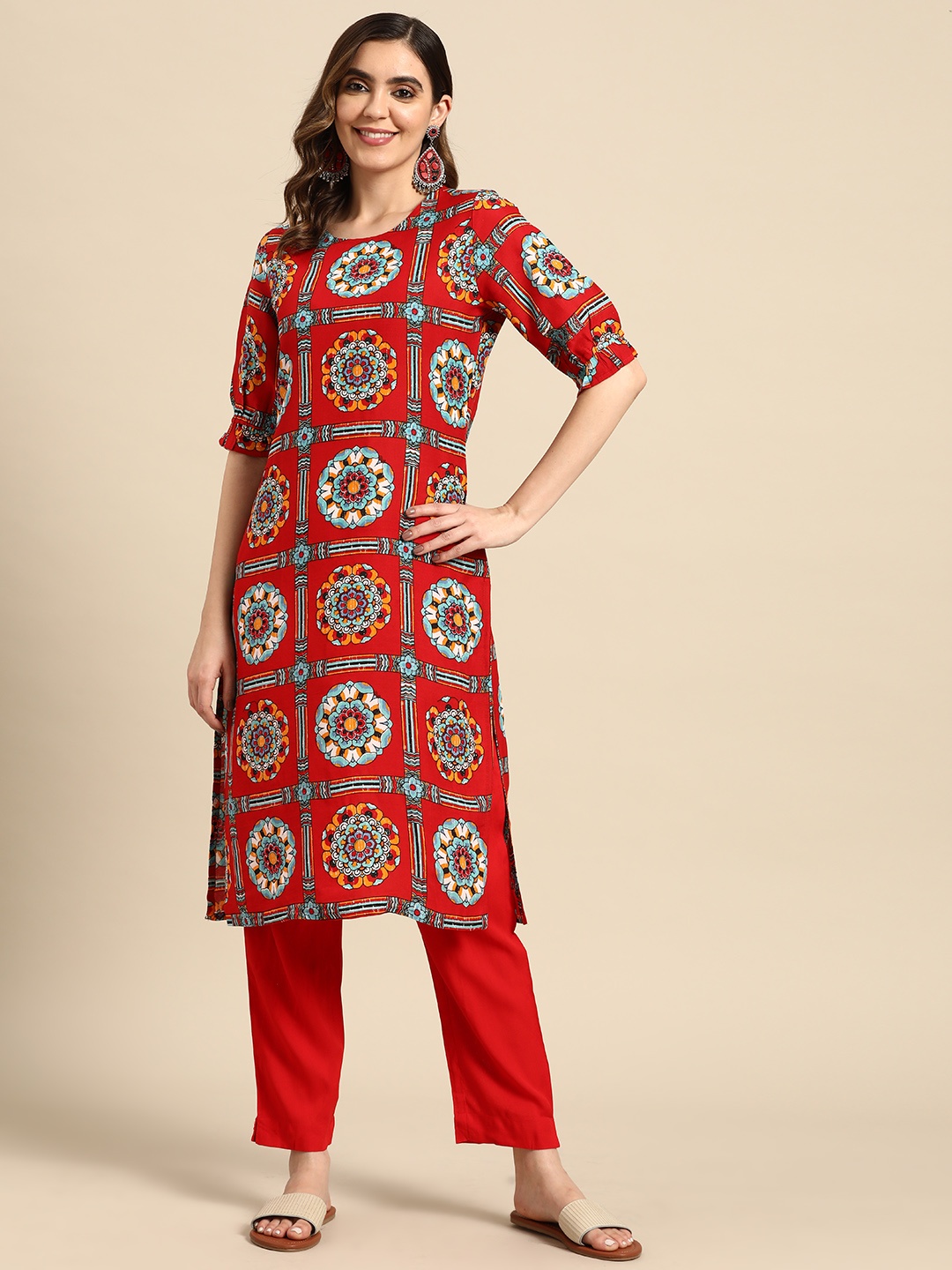 

Sangria Women Ethnic Motifs Printed Kurta with Trousers, Red