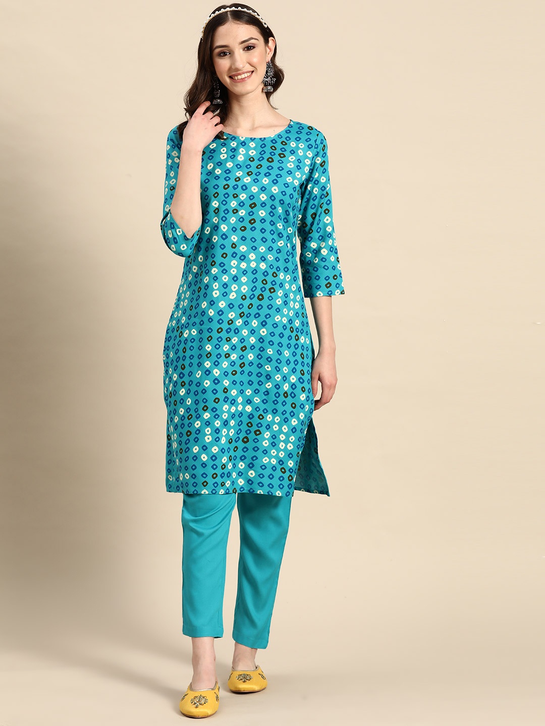 

Sangria Geometric Print Straight Kurta With Trousers, Teal