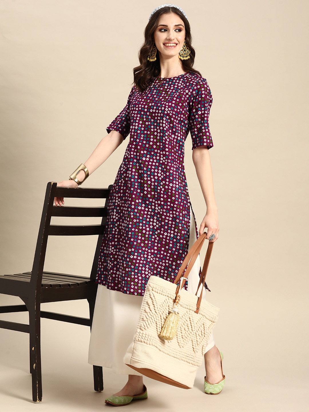 

Sangria Women Bandhani Printed Pure Cotton Kurta, Purple
