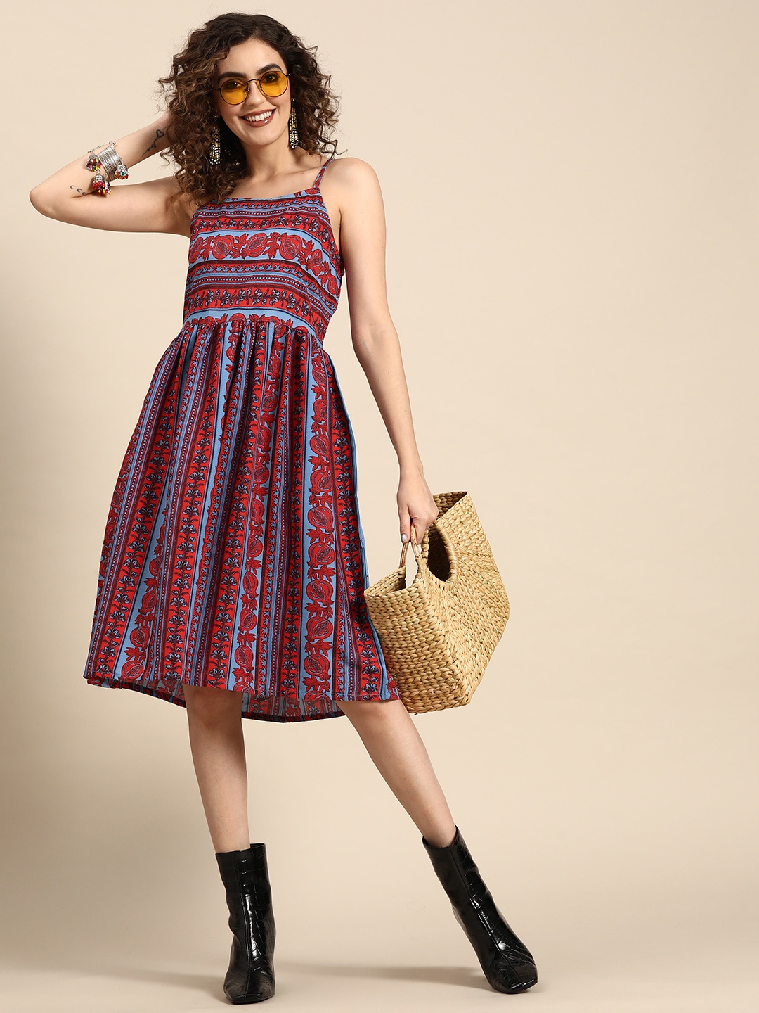 

Sangria Women Ethnic Motifs Printed A-Line Dress, Blue