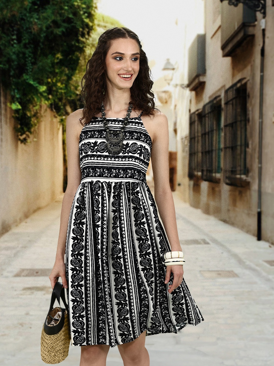 

Sangria Women Ethnic Motifs Printed A-Line Dress, White