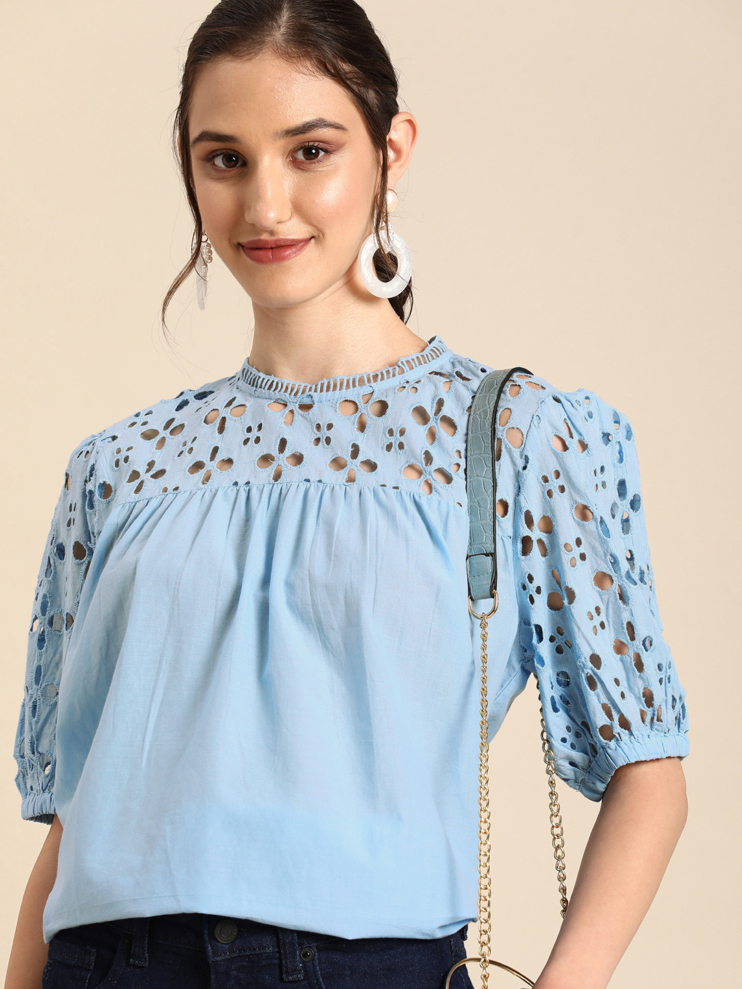 

all about you Puff Sleeve Pure Cotton Schiffli Top, Blue